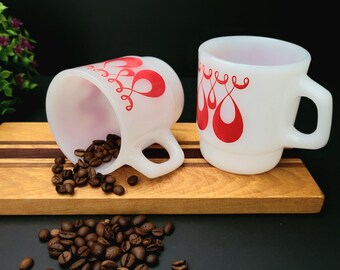 Fire King Red Loops Milk Glass Coffee Mugs by Anchor Hocking/1970s Vintage/Stackable Mugs/Made in USA