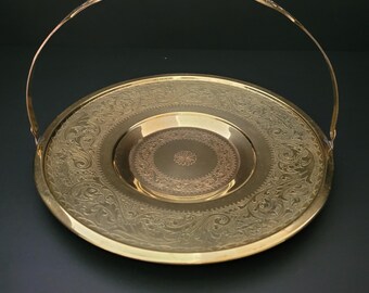 Vintage/Antique Brass Serving Tray with Folding Handle/Beautiful Engraving/Gorgeous Serving Piece
