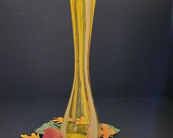 Norcrest Art Glass Vase/Yellow with Rainbow Marbled Swirls/MCM/Autumnal Colors/Hostess Gift/ Thanksgiving/Made in Japan