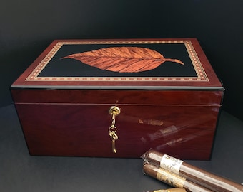 Gorgeous Humidor with High Gloss Finish/Tobacco Leaf Motif/Hygrometer and Humidifier/Keys Included/Father's Day/Den or Mancave/Made in China