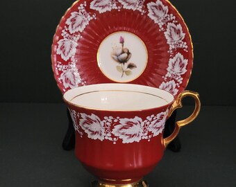 Royal Windsor Vintage Tea Cup and Saucer/Burgundy with Gold Accents/High Tea/Gift for Her/Made in England