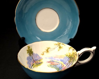 Vintage Aynsley Bluebell Time Teacup and Saucer - Turquoise - Widemouth Avon Style - 1940s - Made in England