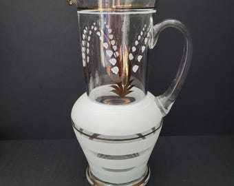 Gorgeous Hand-Painted Glass Pitcher/Lily of the Valley/Gold Accents/White and Gold Bands/Springtime Motif/Made in Romania