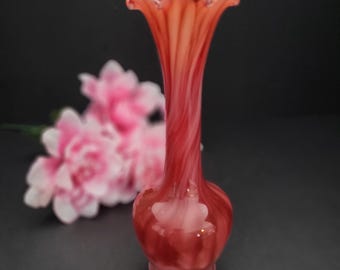 Pretty Cranberry Red Ruffle-Edged Vase with White Swirls/Hand Blown Bud Vase/Gift for Her