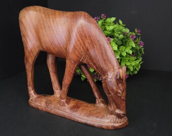 Hand-Carved Wooden Horse Sculpture/Primitive Folk Art Grazing Equine/Calming Pastoral Theme/African Artisans