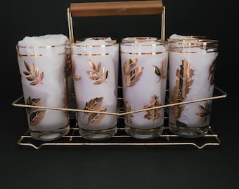 Vintage Libbey Golden Foliage Highballs/Set of 8 Frosted Glass & Gold Retro Tumblers/Brass Finish Caddy with Wooden Handle//Made in USA