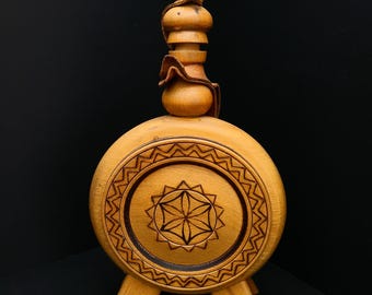 Folk Art Wooden Canteen, Decanter, or Water Bottle/Pyrography Detailing/Pressed Leather Strap/Gift for Him/Country of Origin Unknown