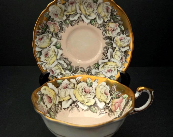 Featured listing image: RARE - Exquisite Paragon Teacup and Saucer - Double Warrant circa 1952 - Yellow & White Rose Garland on Blush Pink, Gilding  - England