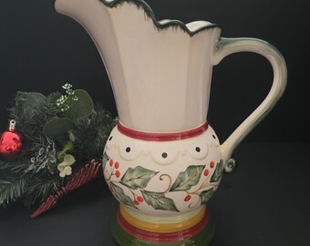 Christmas Holy Berry Pitcher - Large Seasonal Jug - Ceramic Christmas Ewer/Large Vase - Seasonal Colours - Hostess Gift - Made in China