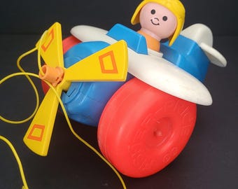 Fisher Price # 171 Pull-Along Plane - Vintage Toddler Toy - 1981 to 1989 - Made in USA