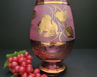 Mid-Century Bohemian Crystal Frosted Vase/Cranberry with Gold Leaf Flowers and Foliage/MCM Czechoslavakia Art Glass