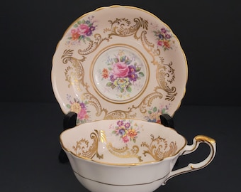 Paragon Double Warrant Teacup and Saucer/Delicate Floral Pattern/Vintage Cup and Saucer Set/Blush Pink with Gold Accents/Made in England