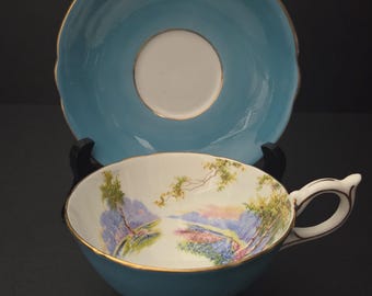 Vintage Aynsley Bluebell Time Teacup and Saucer - Turquoise - Widemouth Avon Style - 1940s - Made in England