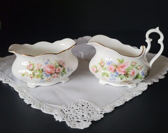 Royal Albert Moss Rose Cream and Sugar/vintage 1960s/Gold Accents/Delicate Floral Pattern/Hostess Gift/Made in England