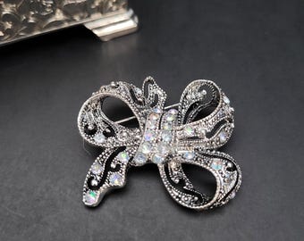Art Nouveau Style Vintage Silver-tone and Iridescent Rhinestone Diamante  Brooch/Costume Jewelry/Gift for Her