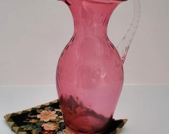 Deep Pink Hand-Blown Cranberry Glass Pitcher with Ribbed Handle/Vintage Jug/Hostess Gift/Country of Origin UnKnown