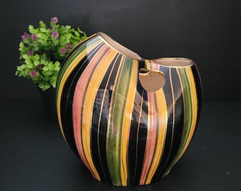 Hubert Bequet Hand-Painted Vase/Mid-Century Belgian Ceramist/Mult-Coloured with Gold Accents/Vintage 1960s/Made in Quaregnon, Belgium
