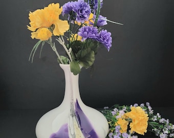 Vintage Hans Jurgen Richartz Glass Vase/MCM Richartz Art Collection/White Opaline with Purple, Black, Grey, Pale Yellow Accents/Germany
