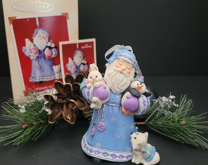 Featured listing image: Hallmark Keepsake Ornament 2002 Woodland Friends - Artist Nina Aube - Santa & Animal Friends -  Penguin, Rabbit, Puppy - Made in China
