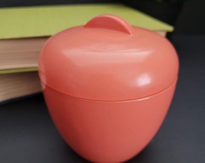 Featured listing image: Small Mid-Century Jam or Jelly Jar/Fruit Compote Lidded Pot/Fired Coral on Clear Glass/Vintage Tableware