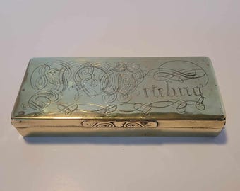 Antique Engraved Brass Tobacco Box / Smoking Tin/ Hinged Lid/Dutch or German/Keepsakes, Treasures, Trinkets / Den, Office, Library, Man-Cave