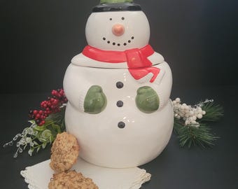 Vintage Coco Dowley Snowman Cookie Jar/Seasonal Treats/Hostess Gift/Collectible/Winter Theme/Made in Taiwan