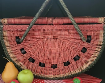 Watermelon Picnic Basket - Vintage 1970s - Wicker Storage Basket - Summertime Whimsy - Retro Cool - Made in USA