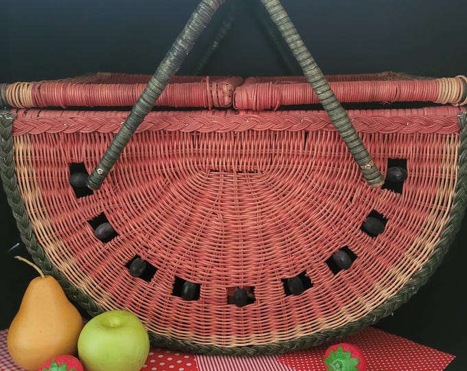 Featured listing image: Watermelon Picnic Basket - Vintage 1970s - Wicker Storage Basket - Summertime Whimsy - Retro Cool - Made in USA