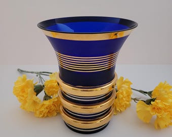 Stunning Cobalt Blue and Gold Bohemian Czech Vase/MCM Art Glass/All Occasion Gift/Czechoslovakian/Blue with Gold Rings Mid-Century/Vintage