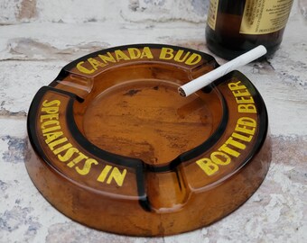 Vintage Canada Bud Amber-colored Glass Ashtray/Barware/Tobacciana/Canadian Advertising/Mancave/Gift for Him/Made in Canada