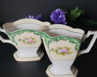 Noritake Hand-Painted Cream and Sugar/Vintage Art Deco Style/Hostess Gift/Pale Cream and Green with Floral Bouquet/1920s/Made in Japan