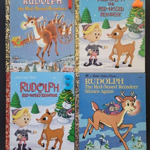 K&ouml;nnte beinhalten: Vier Vintage Little Golden B&uuml;cher mit Rudolph, dem Rentier mit der roten Nase. Die Cover zeigen Illustrationen von Rudolph, dem Weihnachtsmann und anderen Figuren in Winterszenen. Die B&uuml;cher sind mit 1, 2, 3 und 4 nummeriert.