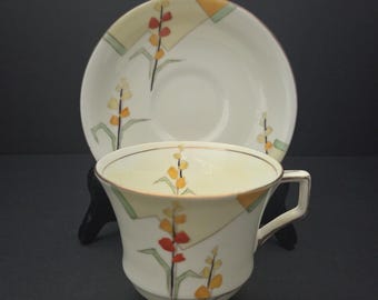 S Radford China Art Deco Teacup & Saucer circa 1930s - Stylized Yellow and Orange Flowers - Fenton, Stoke-on-Trent - Made in England