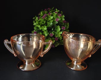 Jeannette Glass Company Depression Glass/Vintage Moderne Marigold Cream and Sugar Set/1960s/Carnival Glass/Hostess Gift/Made is USA