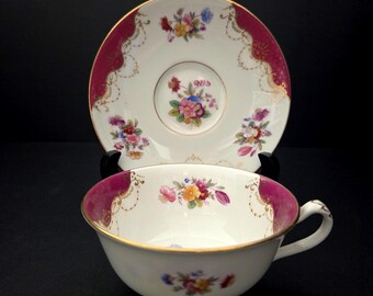 Antique Teacup and Saucer Set by Coalport - Circa 1900 - Floral Bouquet - Gold Gilding - Raspberry (light burgundy) Color - Made in England