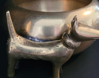 Vintage Chinese Brass Trinket Dish/Bowl Featuring Floral Motif and Dog/Ash Tray/Bud Vase/Made in China