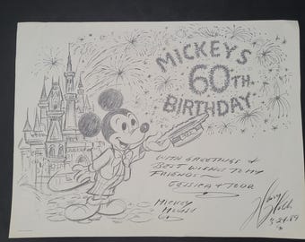 Mickey's 60th Birthday Personalized Print Signed by Harry Holt  1989/Reproduction Print/Personalized Message/Disneyana/Printed in USA