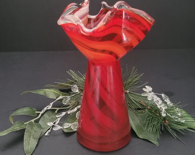 Featured listing image: Handblown Lefton Art Glass Bud Vase - Bright Red with White Swirls - Candy Cane - Hostess Gift - Christmas Holiday Accent - Made in USA