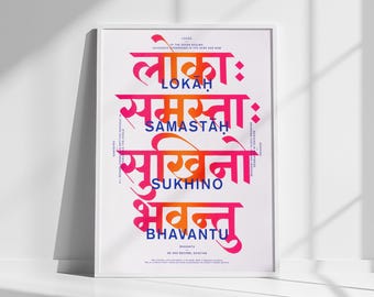 Sanskrit Mantra Poster – Lokah Samastah Sukhino Bhavantu – Siebdruck in Neonfarben