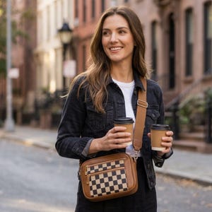 May include: A brown crossbody bag with a tan and black checkered front pocket, gold-tone zippers, and an adjustable wide strap. The bag is worn over a black denim jacket and a white shirt, while holding two disposable coffee cups in hand.