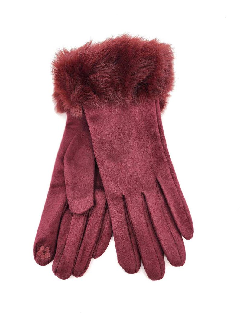 May include: A pair of burgundy suede gloves with a faux fur cuff. The gloves have a simple design and are perfect for keeping your hands warm in the winter.