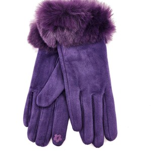 May include: Purple suede gloves with a faux fur cuff. The gloves have a small flower embroidered on the back of one glove.