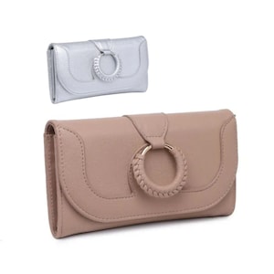 Elegante billetera plegable larga para mujer con herrajes decorativos con anilla en O
