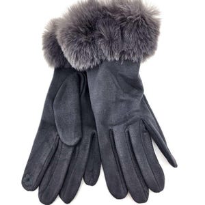 Women's Velvety Soft Winter Glove with Fur Trim Dark Grey