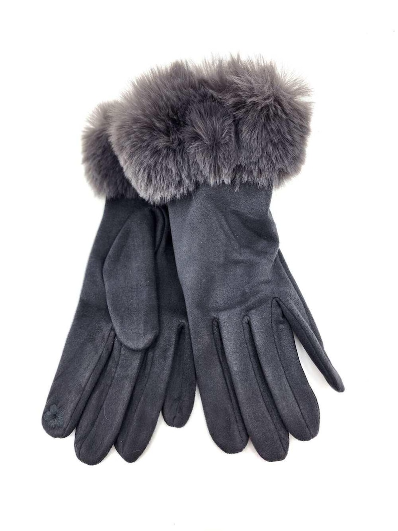 Women's Velvety Soft Winter Glove with Fur Trim Dark Grey