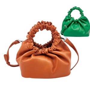 Women&#39;s Vegan Leather Small Compact Adorable Bell Shaped Scrunched Top Handle Crossbody Bag