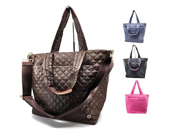 Large Nylon Quilted Top Zip Tote Bag, Crossbody Bag