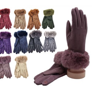 May include: Assortment of ten pairs of women's gloves with faux fur cuffs. The gloves are available in a variety of colors, including brown, gray, purple, blue, and green.