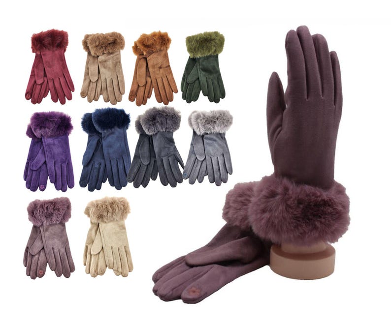 May include: Assortment of ten pairs of women's gloves with faux fur cuffs. The gloves are available in a variety of colors, including brown, gray, purple, blue, and green.