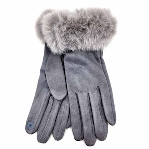 May include: Gray suede gloves with a faux fur cuff. The gloves have a small blue flower embroidered on the thumb.